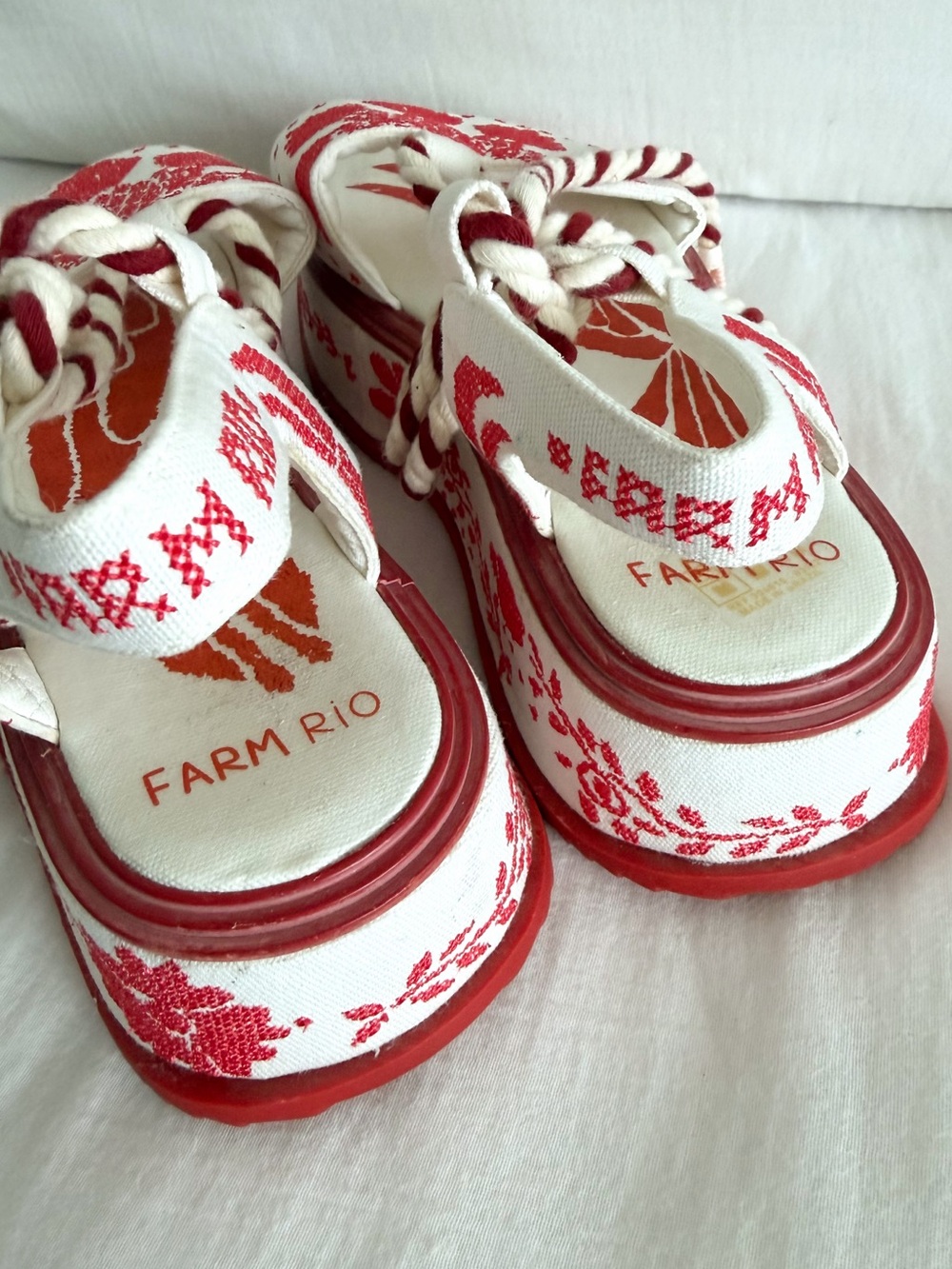 Farm Rio Red & White Embroidered Platform Sandal - Picture 6 of 8